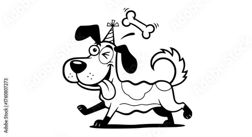 Happy dog wearing a party hat chasing a bone