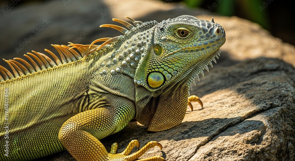 Obraz premium Green Iguana Portrait - Close-Up of Reptile on Rock, Detailed Scales and Texture.