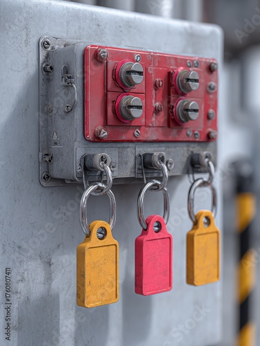lockout tagout device with padlocks and tags securing an industrial power switch essential for workplace safety maintenance procedures and compliance