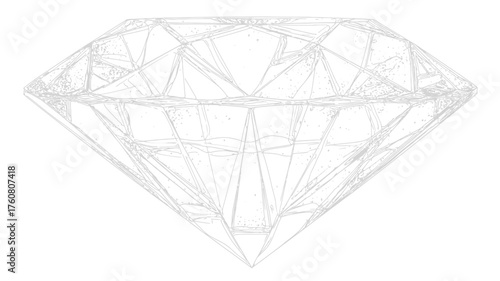 Detailed line art illustration of a brilliant cut diamond outline. Hand-drawn sketch of a precious gemstone crystal on white background.