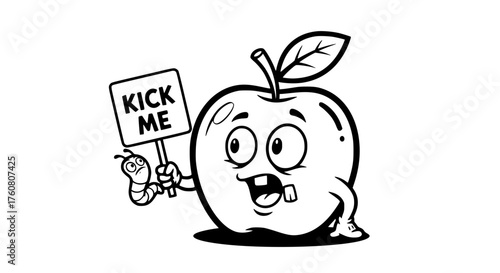 Funny Cartoon Apple with Worm Holding Kick Me Sign