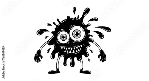 Whimsical Black Ink Blob Character with Wide Eyes and Grinning Teeth