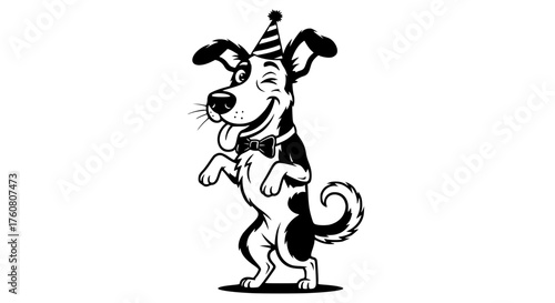 Happy Cartoon Dog Dancing in Party Hat Bow Tie