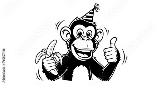 Happy Monkey Celebrating with Banana and Thumbs Up