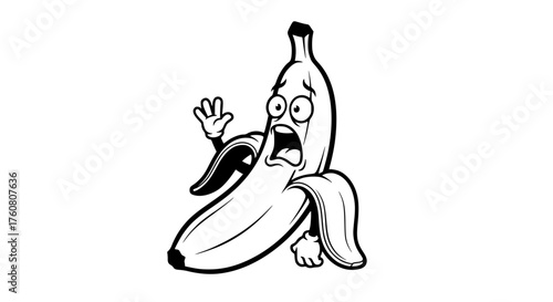 Scared Banana Character Peeling Itself in Surprise