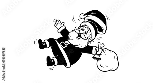Santa Claus falling down with a sack of presents