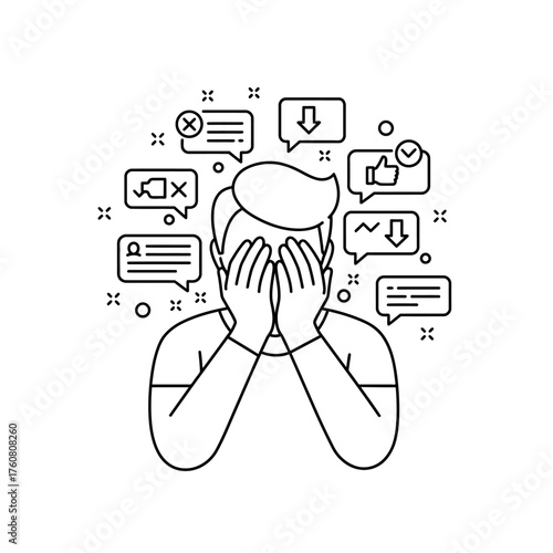 Man overwhelmed by social media notifications and messages.