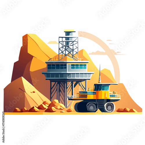 Heavy machinery operates near mining control tower amidst rocky terrain under sunny skies