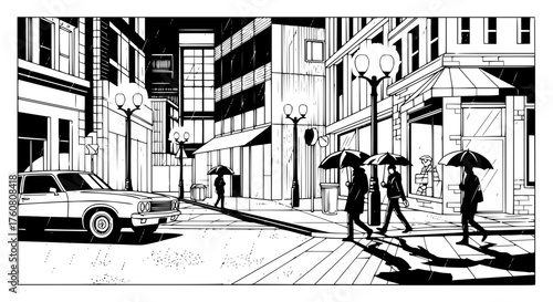 Urban Street Scene Rainy Night Pedestrians Umbrellas and Car