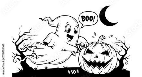 Spooky Ghost and Jack-o-Lantern on Halloween Night
