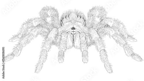 Detailed hand-drawn sketch of a hairy tarantula, a large predatory arachnid, front view, isolated on white background. Spider illustration.