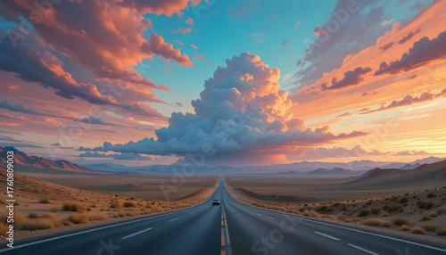 Desert highway under stylized low poly clouds with distant storm silhouette