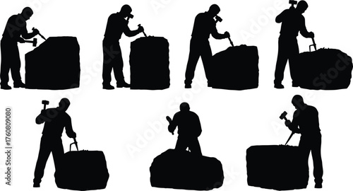 Silhouette vector illustration of person chiseling stone block with hammer and chisel, craftsmanship, sculpting process, manual labor, creation, transformation, art