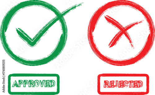 Green checkmark in circle and red cross in circle with approved and rejected stamps below