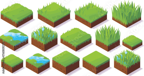 Isometric 3D grass soil blocks with dirt texture, green lawn tiles, wetland and grassland environment concept for landscape design illustration