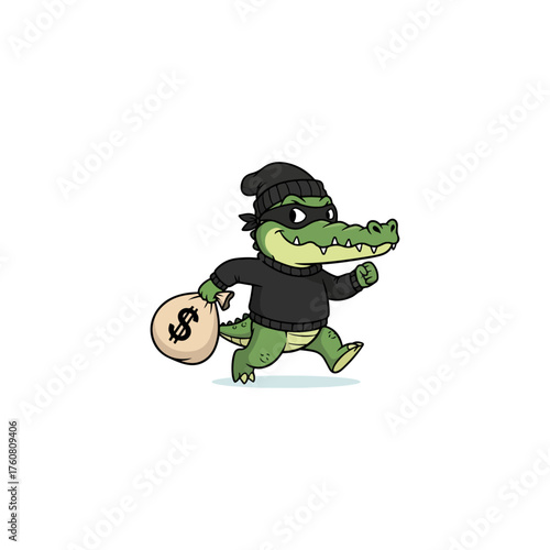 Cartoon alligator thief running with money bag