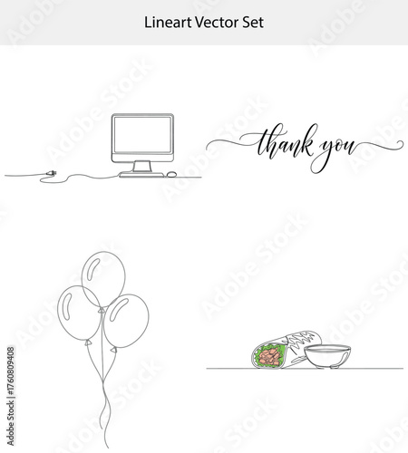 Line Art Set with Computer, Thank You, Balloons, and Shawarma on White