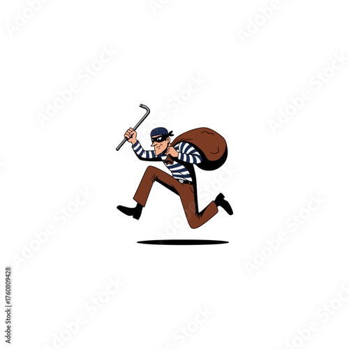 Cartoon burglar running with loot and crowbar