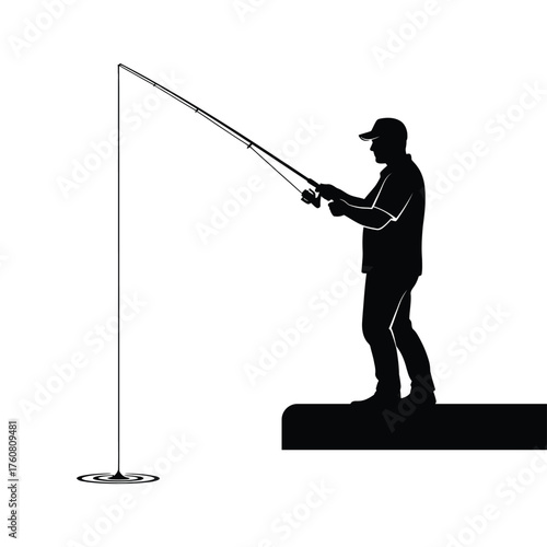 Silhouette of a fisherman casting a line into the water with a rod and reel hobby vector