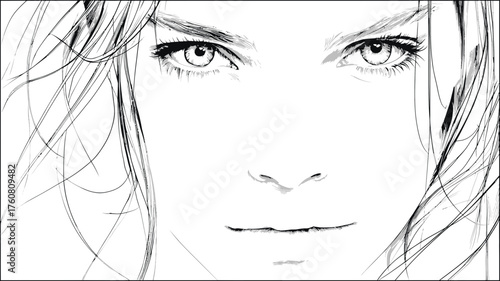 Intense Gaze: Detailed black and white line art illustration of a woman's face, close-up portrait with powerful eyes and flowing hair.