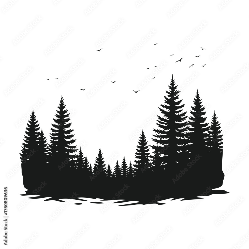 Obraz premium Silhouette of a dense evergreen forest with birds flying overhead for nature designs vector