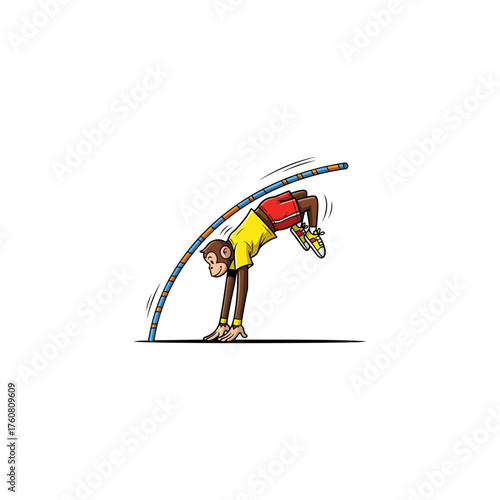 Cartoon monkey athlete doing pole vault