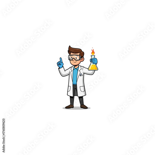Scientist holding a flask with fire pointing finger