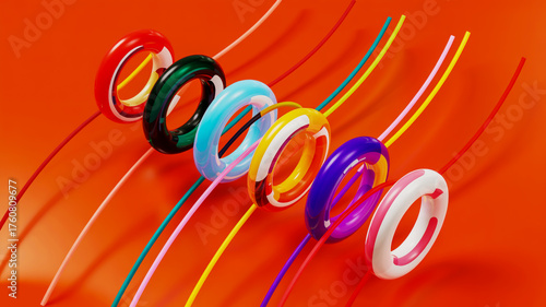 A 3D rendered digital art piece featuring a diagonal arrangement of colorful rings and lines against a solid orange background