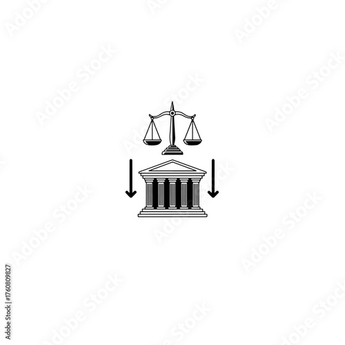 Scales of justice with courthouse graphic illustration