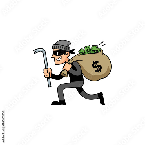 Cartoon burglar running with a money bag and a crowbar