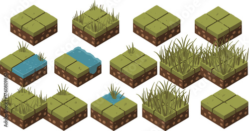 Isometric 3D grass soil blocks with dirt texture, green lawn tiles, wetland and grassland environment concept for landscape design illustration