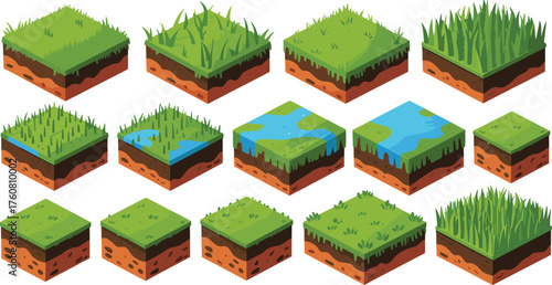 Isometric 3D grass soil blocks with dirt texture, green lawn tiles, wetland and grassland environment concept for landscape design illustration