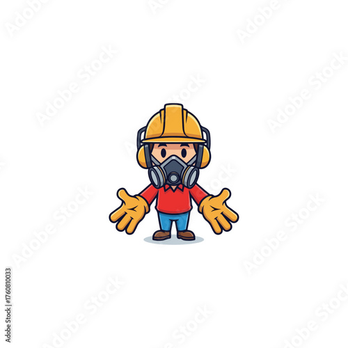 Cartoon construction worker with a gas mask and gloves