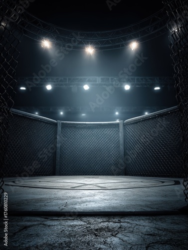 empty mma octagon cage under bright lights in dark arenachainlink enclosure and dramatic spotlight evoke tension anticipation and symbolic combat in professional fight setting