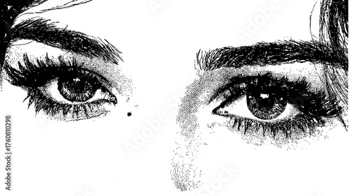 Black and white detailed sketch of beautiful female eyes, artistic ink illustration with long lashes and expressive gaze.