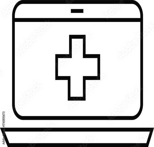 Modern laptop displaying a white medical cross symbol on its screen representing healthcare technology and digital medicine