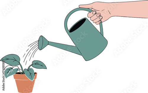 Hand watering a small potted plant with a green watering can