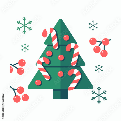 Festive flat design christmas tree decorated with candy canes ornaments and berries surrounded by snowflakes
