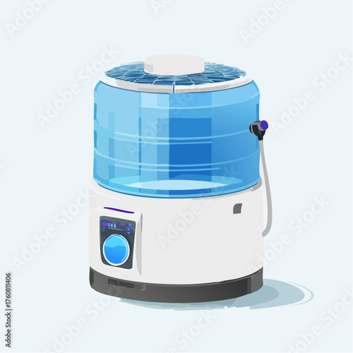 Modern air humidifier illustration with blue water reservoir and digital display