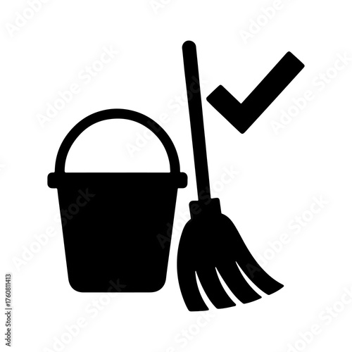 Black silhouette icon of a cleaning bucket with a mop and a checkmark indicating completion or success