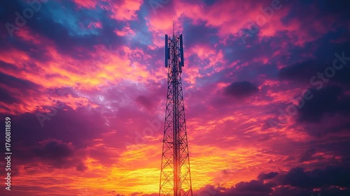 Cell Tower Silhouette Against a Vibrant Sunset Sky - A Technological Marvel.
