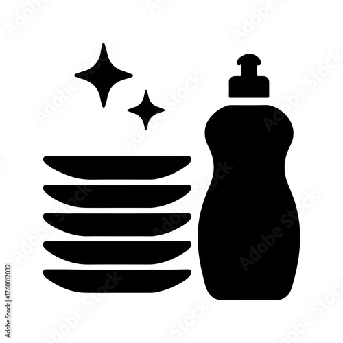 Clean dishes and dish soap bottle icon representing household chores and kitchen cleaning supplies