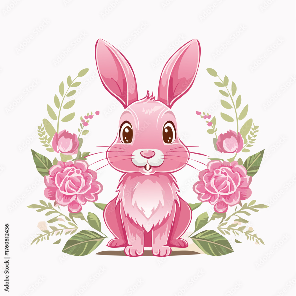 Obraz premium Pink cartoon rabbit with floral elements isolated on a white background