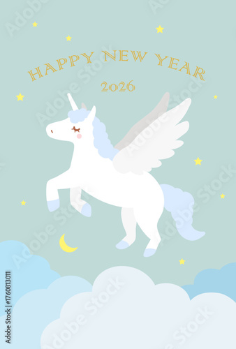 午年の年賀状2026年　ミントグリーンの空を駆けるユニコーン