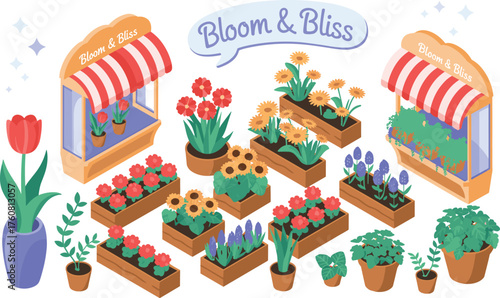Isometric flower shop with colorful blooming plants, potted flowers, garden boxes, and decorative floral arrangement for gardening and nature concept illustration