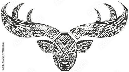 Intricate Tribal Pattern Deer Head Illustration. Stylized Stag with Detailed Polynesian or Maori Style Ornament. Wildlife Animal Design Concept.