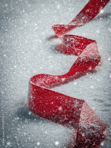 A striking red ribbon lies across a snowy surface while soft snowflakes fall, adding a gentle touch of winter magic to the scene.