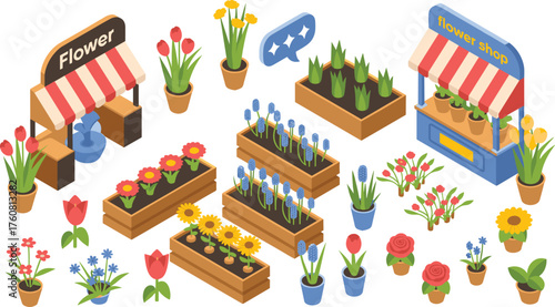 Isometric flower shop with colorful blooming plants, potted flowers, garden boxes, and decorative floral arrangement for gardening and nature concept illustration