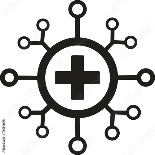 medical virus icon with cross symbol representing healthcare response to pandemics, infectious diseases, virology, immunology, public health, vaccine research, hospital systems, and global medical .