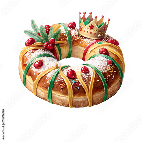 Holiday-Themed Vector of Rosca de Reyes Surrounded by Confetti, White Background